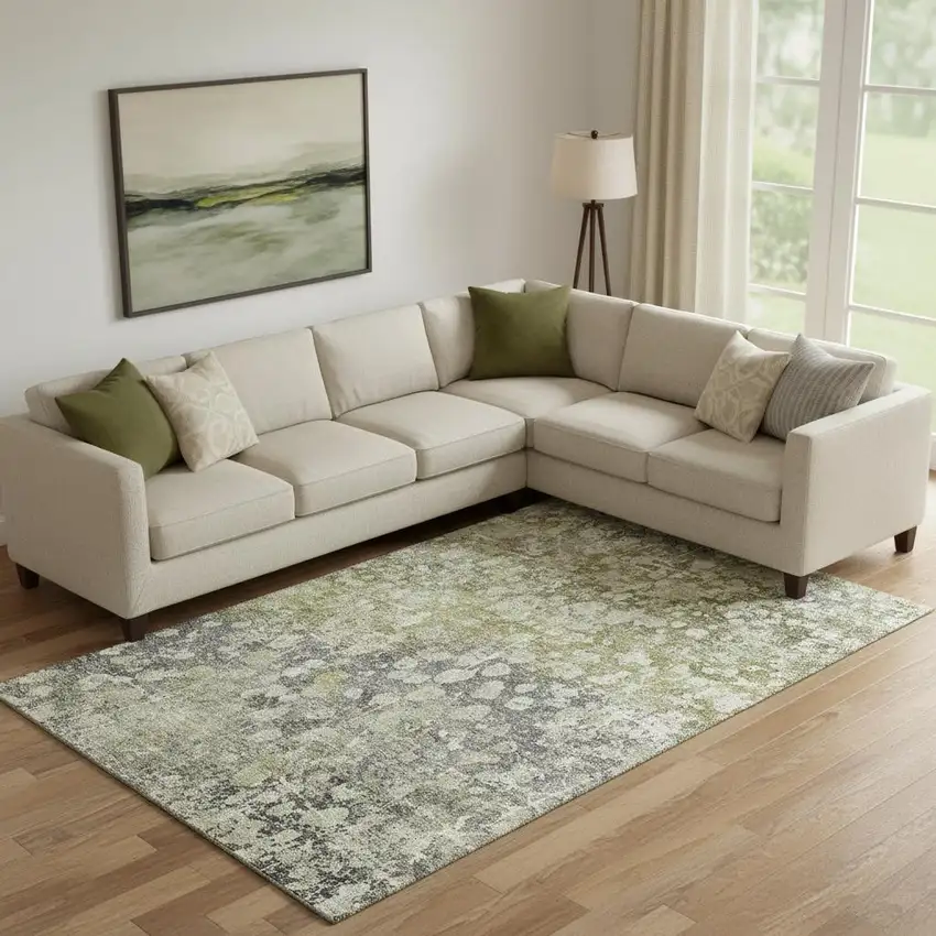 Olive Green And Gray Abstract Washable Area Rug With UV Protection Photo 2