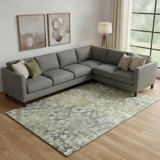 Olive Green And Gray Abstract Washable Area Rug With UV Protection Photo 1