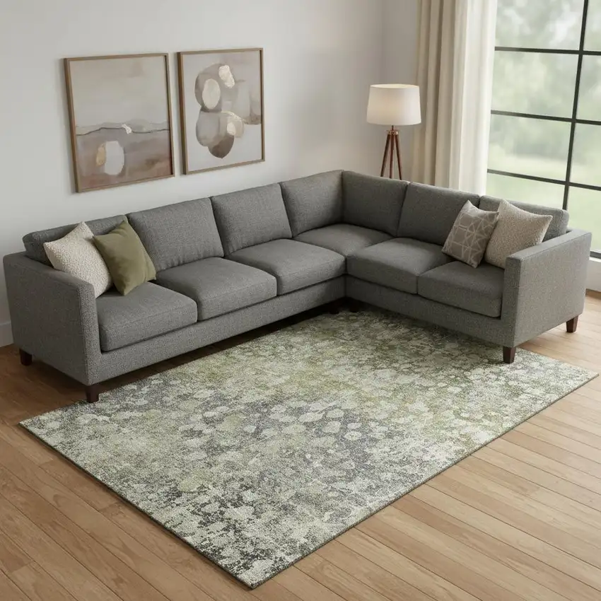 Olive Green And Gray Abstract Washable Area Rug With UV Protection Photo 1