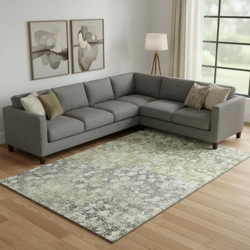 Olive Green And Gray Abstract Washable Area Rug With UV Protection Photo 2