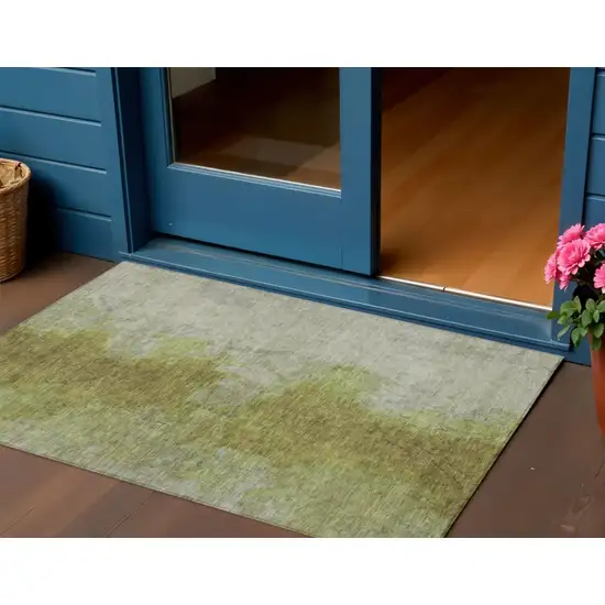 Olive Green And Gray Abstract Washable Indoor Outdoor Area Rug Photo 2
