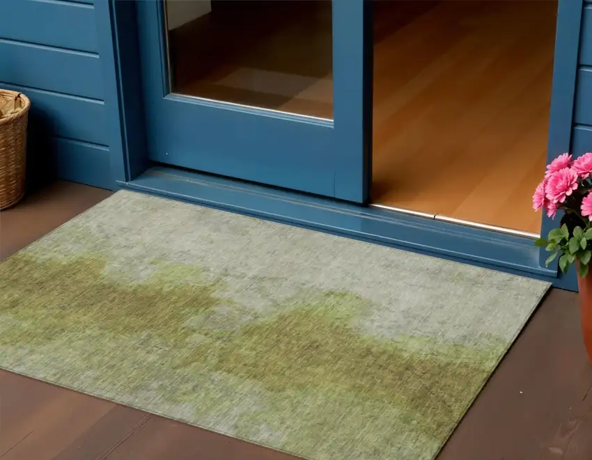 Olive Green And Gray Abstract Washable Indoor Outdoor Area Rug Photo 1