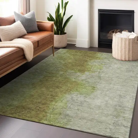 Olive Green And Gray Abstract Washable Indoor Outdoor Area Rug Photo 7