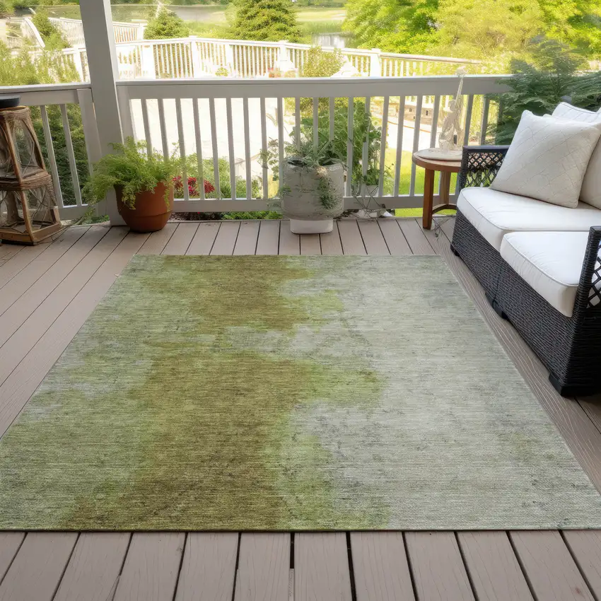 Olive Green And Gray Abstract Washable Indoor Outdoor Area Rug Photo 9