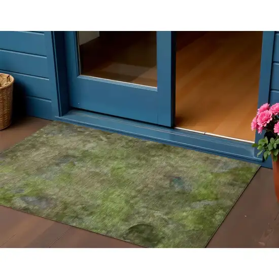 Olive Green And Gray Abstract Washable Indoor Outdoor Area Rug Photo 1