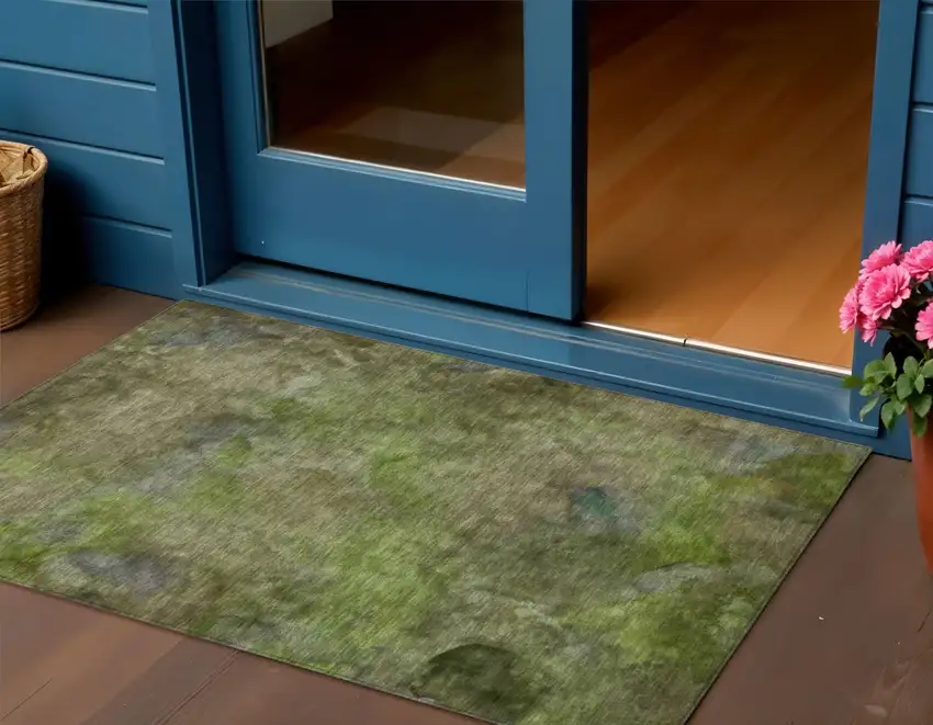 Olive Green And Gray Abstract Washable Indoor Outdoor Area Rug Photo 1