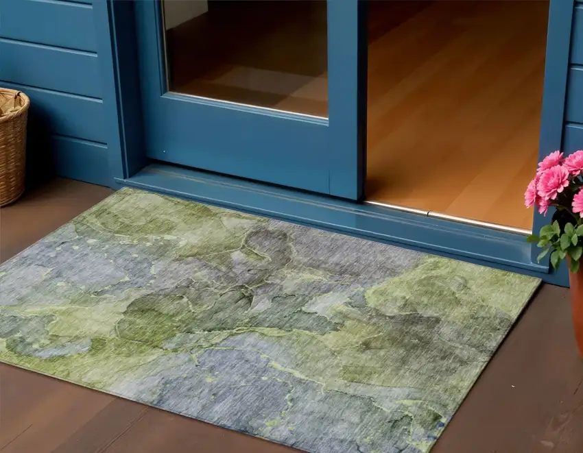 Olive Green And Gray Abstract Washable Indoor Outdoor Area Rug Photo 1