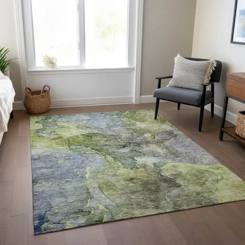 Olive Green And Gray Abstract Washable Indoor Outdoor Area Rug Photo 9