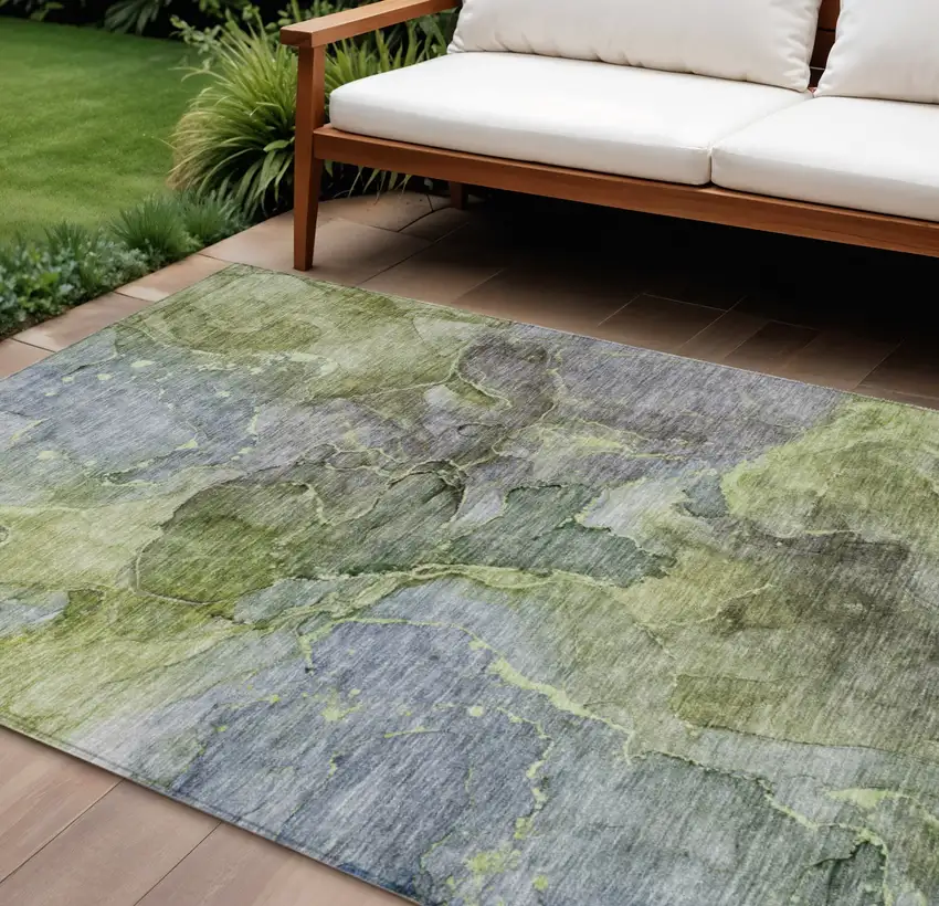 Olive Green And Gray Abstract Washable Indoor Outdoor Area Rug Photo 1