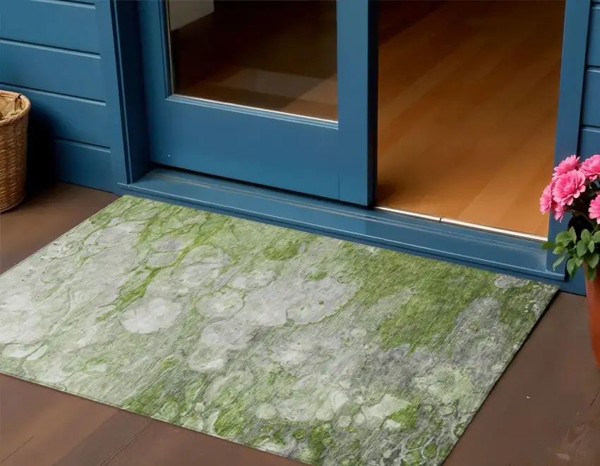 Olive Green And Gray Abstract Washable Indoor Outdoor Area Rug Photo 1