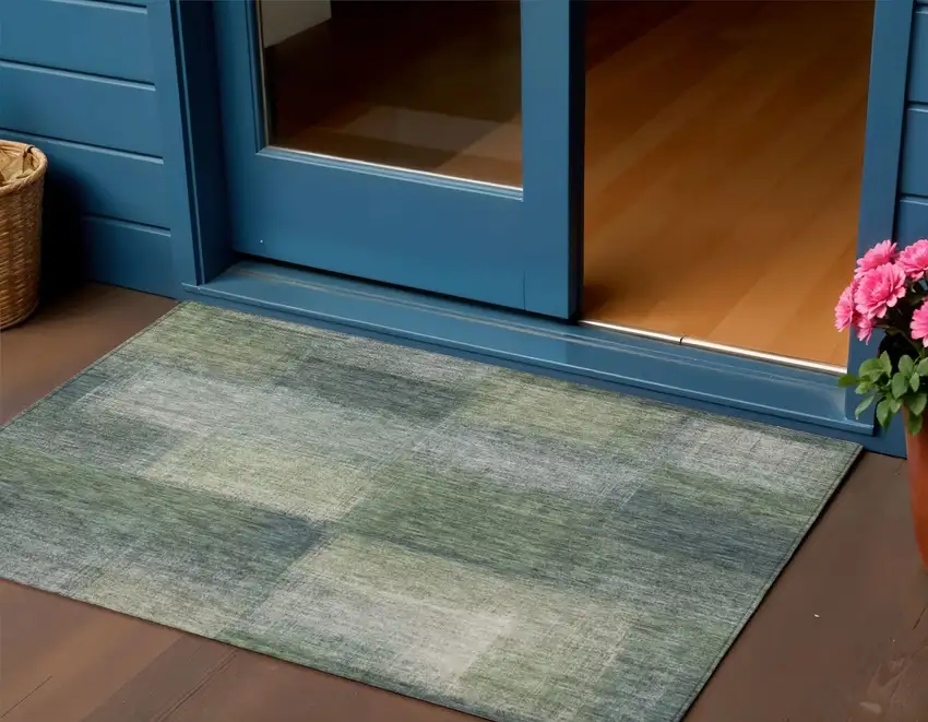 Olive Green And Gray Abstract Washable Indoor Outdoor Area Rug Photo 1