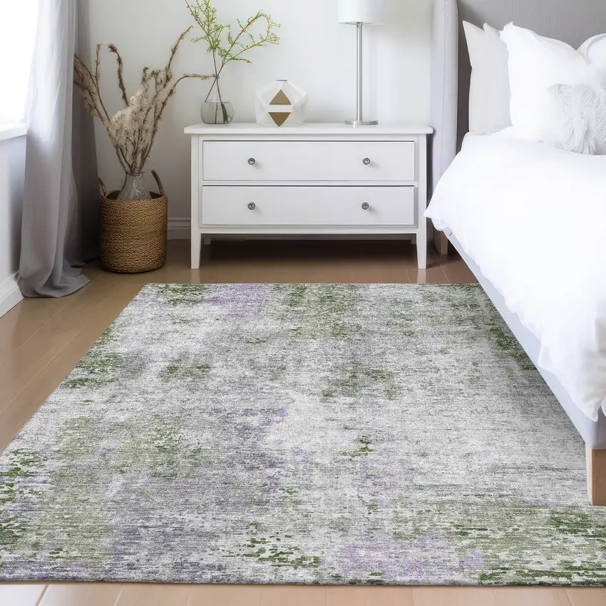 Olive Green And Gray Abstract Washable Indoor Outdoor Area Rug Photo 9