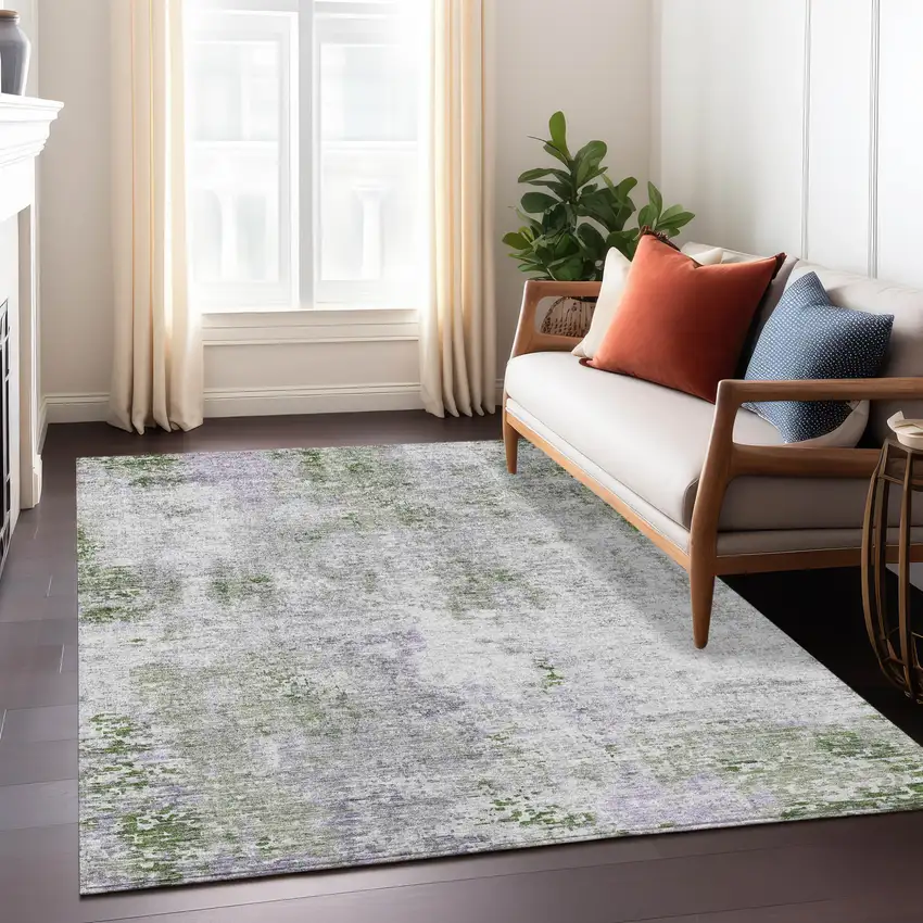 Olive Green And Gray Abstract Washable Indoor Outdoor Area Rug Photo 9