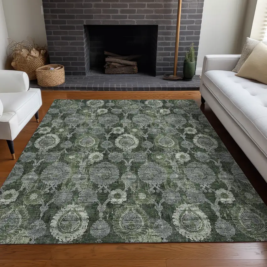Olive Green And Gray Damask Washable Area Rug With UV Protection Photo 5