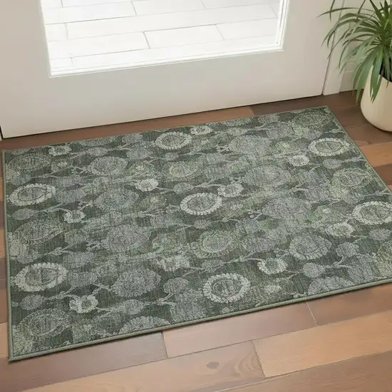 Olive Green And Gray Damask Washable Area Rug With UV Protection Photo 2