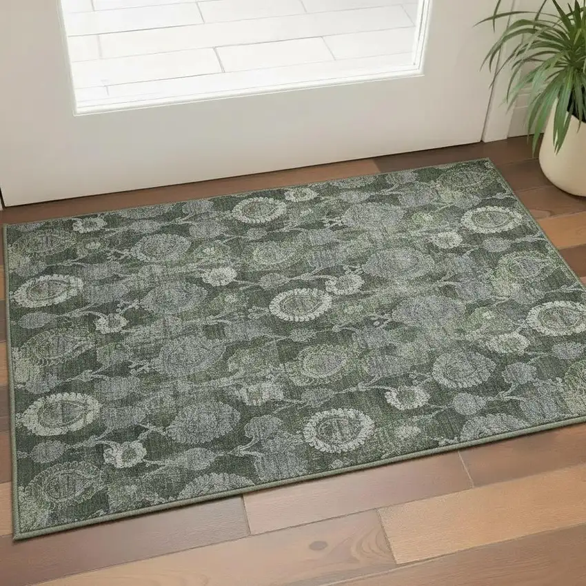 Olive Green And Gray Damask Washable Area Rug With UV Protection Photo 2