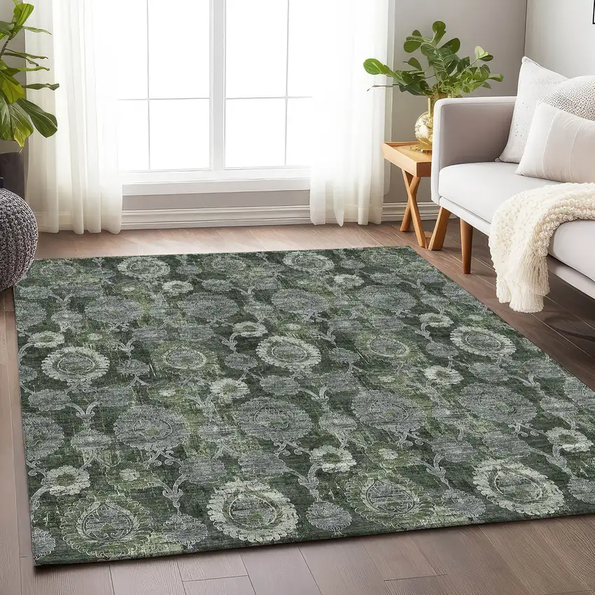 Olive Green And Gray Damask Washable Area Rug With UV Protection Photo 6