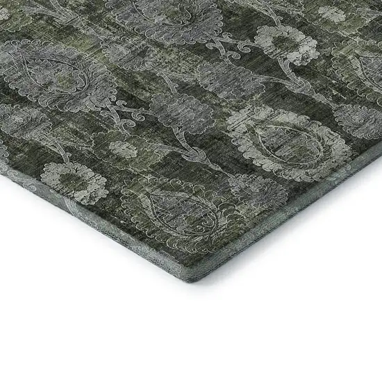 Olive Green And Gray Damask Washable Area Rug With UV Protection Photo 8