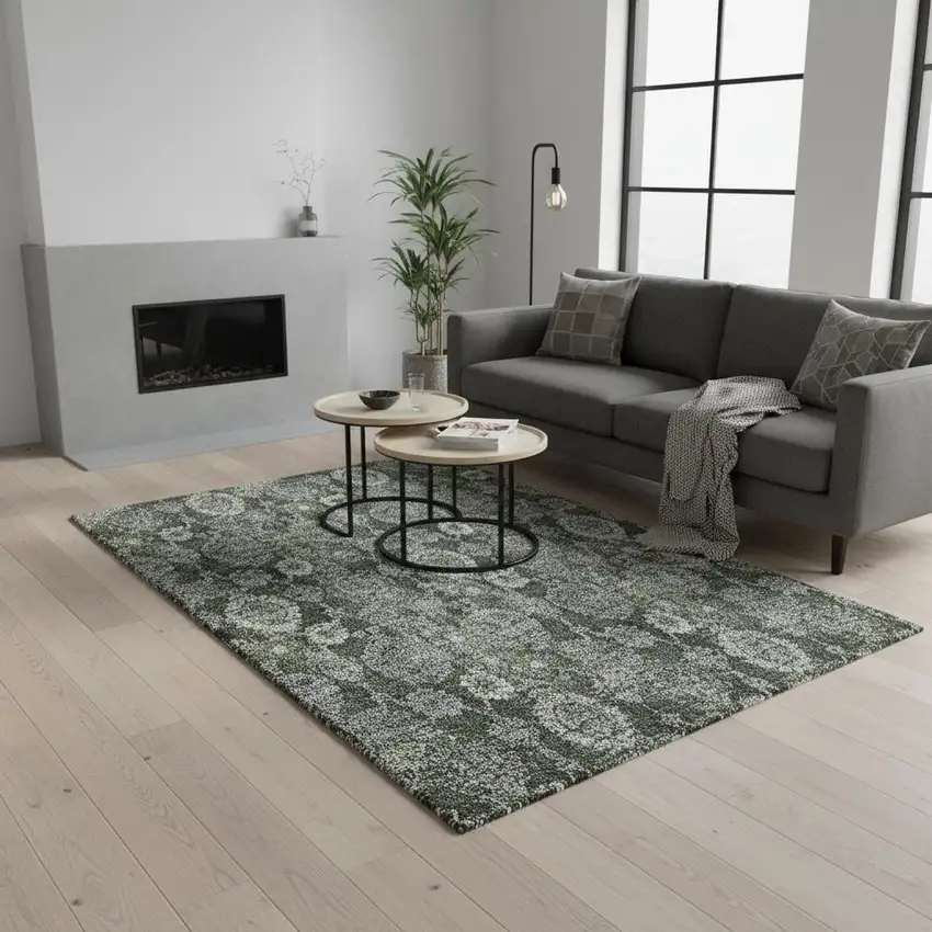 Olive Green And Gray Damask Washable Area Rug With UV Protection Photo 2