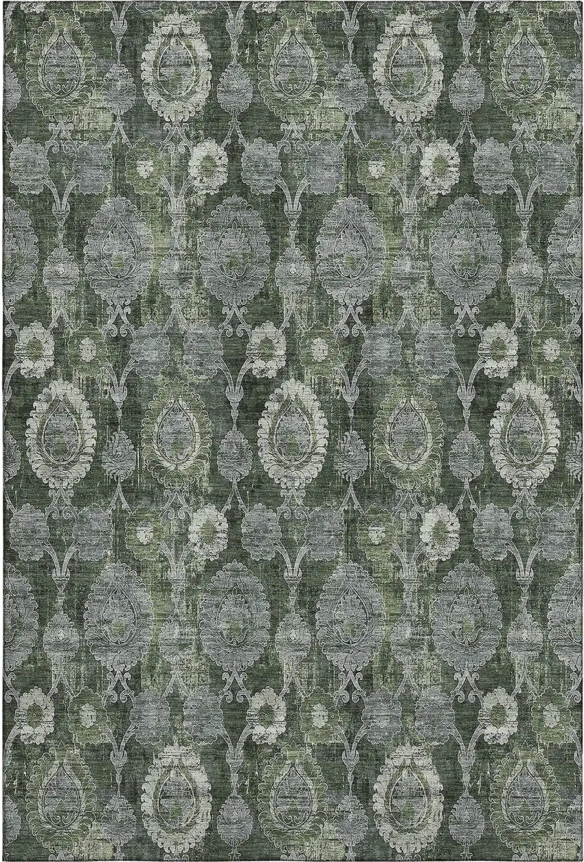 Olive Green And Gray Damask Washable Area Rug With UV Protection Photo 1