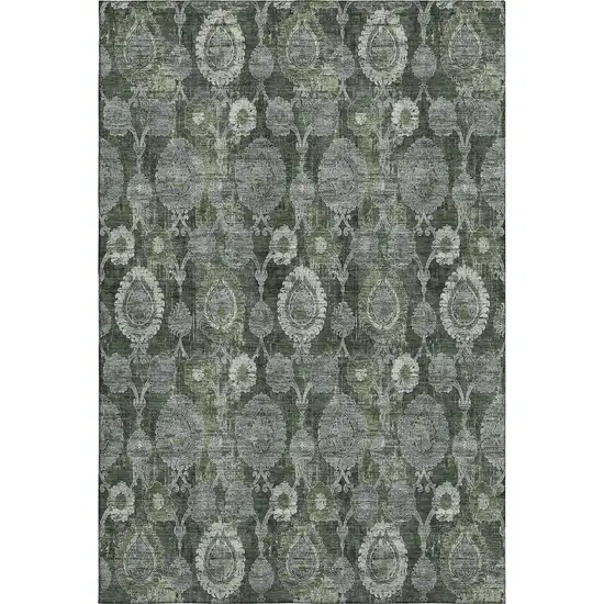 Olive Green And Gray Damask Washable Area Rug With UV Protection Photo 1