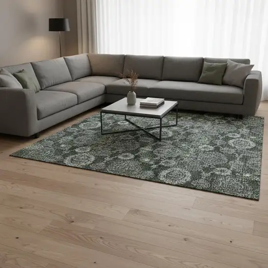 Olive Green And Gray Damask Washable Area Rug With UV Protection Photo 2