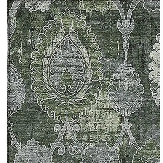 Olive Green And Gray Damask Washable Area Rug With UV Protection Photo 3