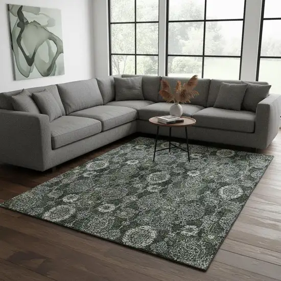 Olive Green And Gray Damask Washable Area Rug With UV Protection Photo 2
