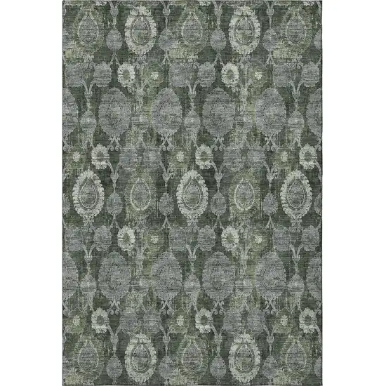 Olive Green And Gray Damask Washable Area Rug With UV Protection Photo 4