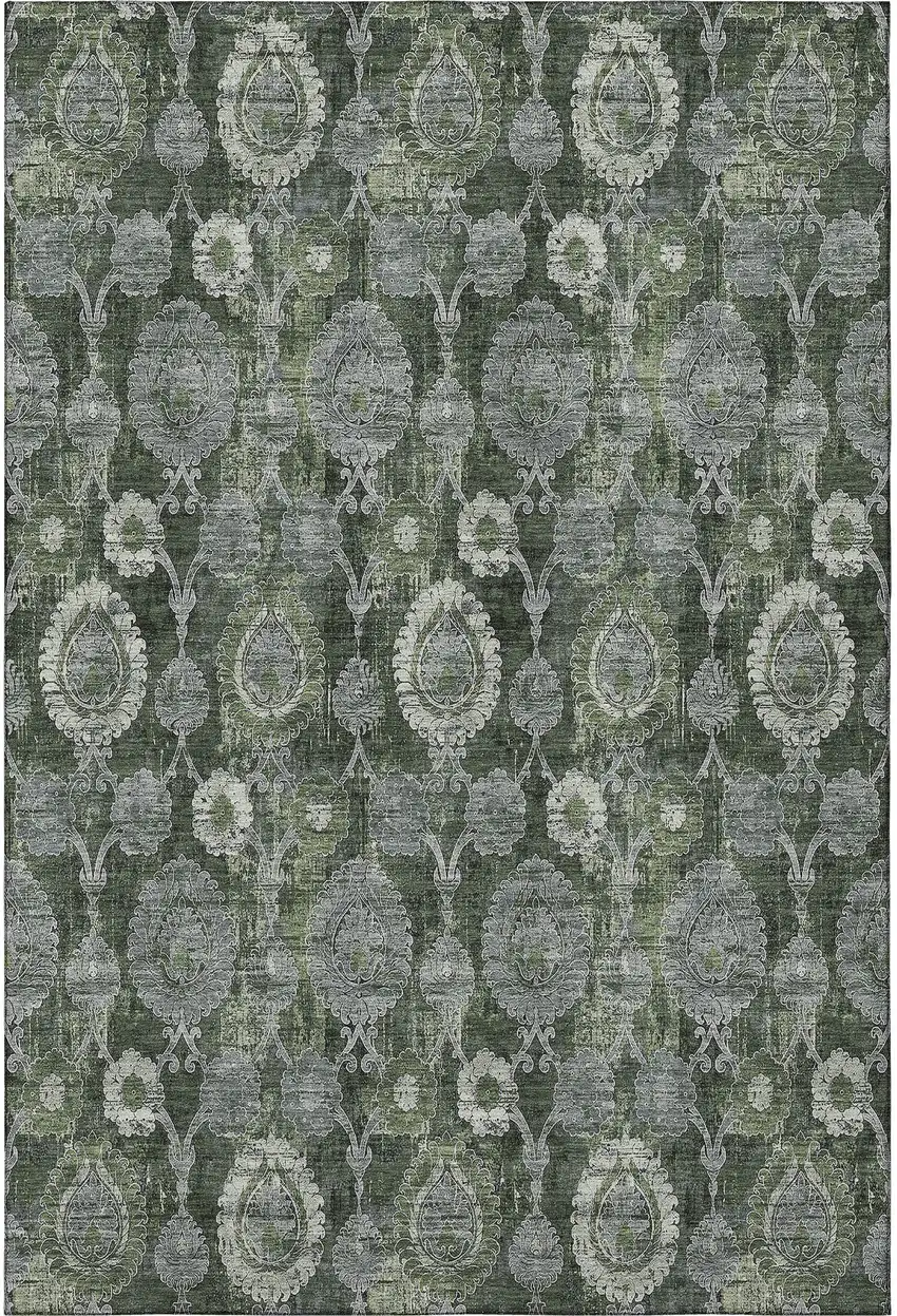 Olive Green And Gray Damask Washable Area Rug With UV Protection Photo 4
