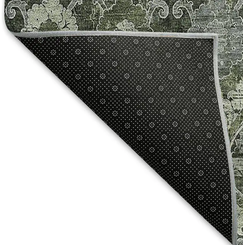 Olive Green And Gray Damask Washable Area Rug With UV Protection Photo 7