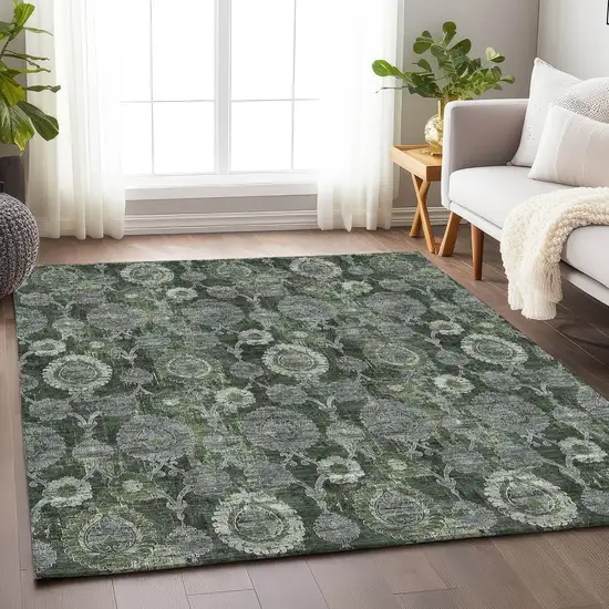 Olive Green And Gray Damask Washable Area Rug With UV Protection Photo 6