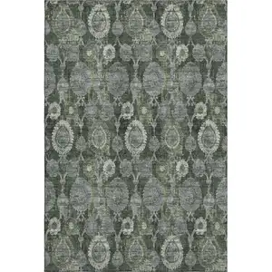 Photo of Olive Green And Gray Damask Washable Area Rug With UV Protection