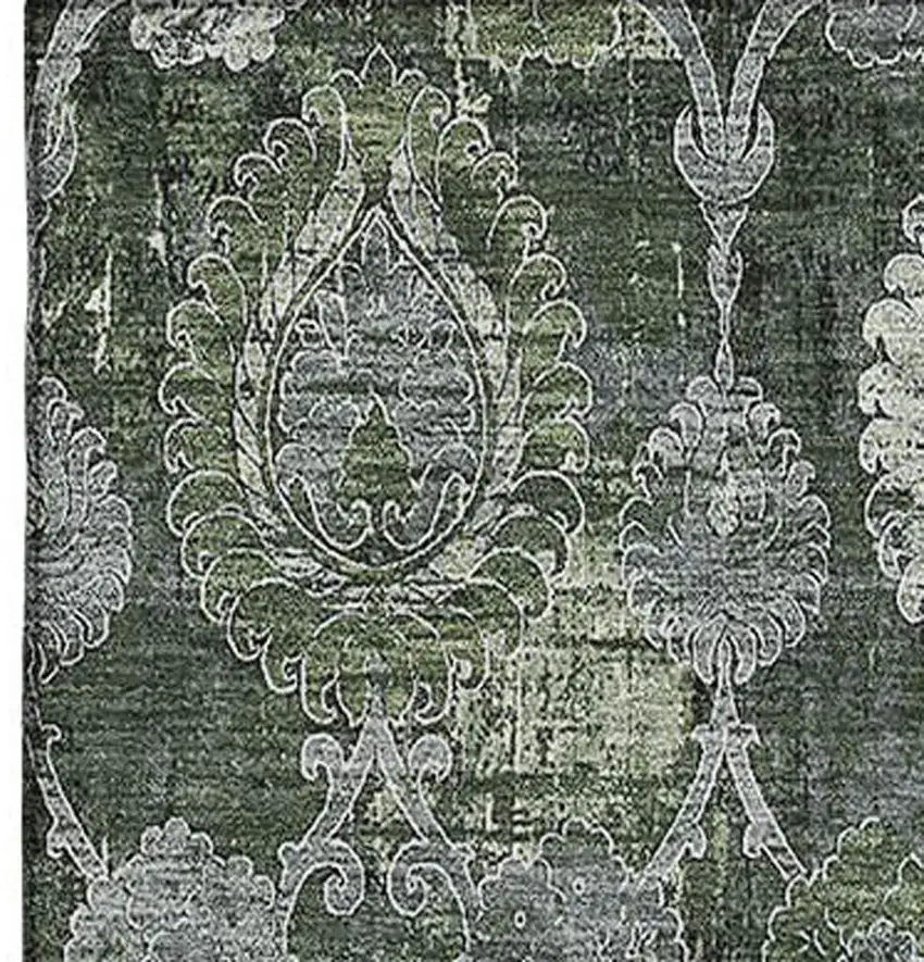 Olive Green And Gray Damask Washable Area Rug With UV Protection Photo 4