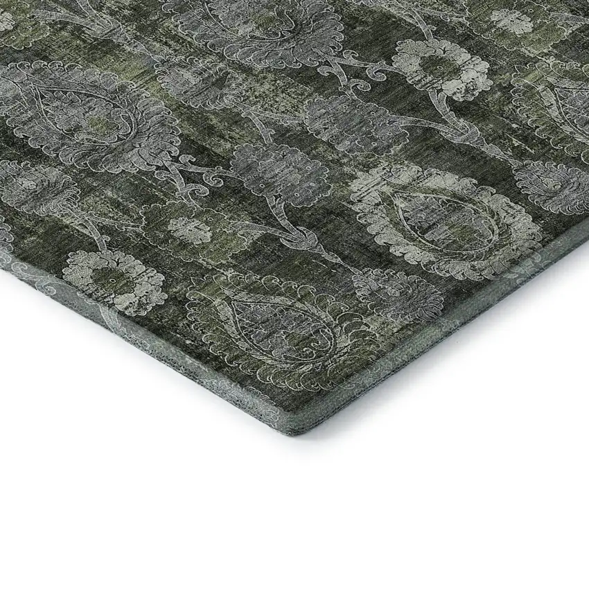 Olive Green And Gray Damask Washable Area Rug With UV Protection Photo 8