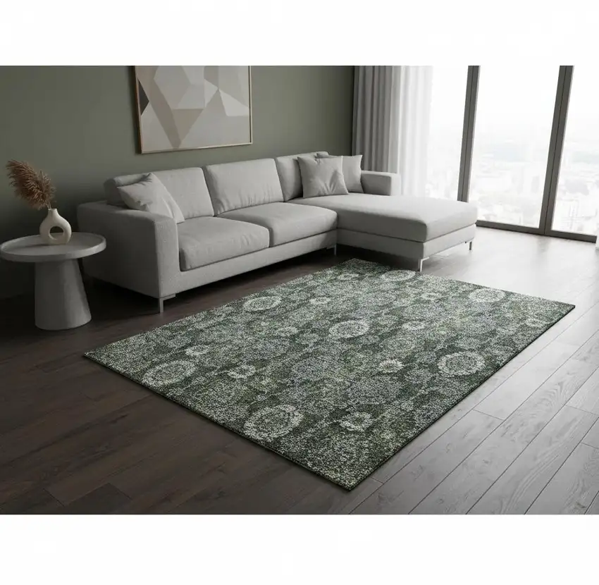 Olive Green And Gray Damask Washable Area Rug With UV Protection Photo 2