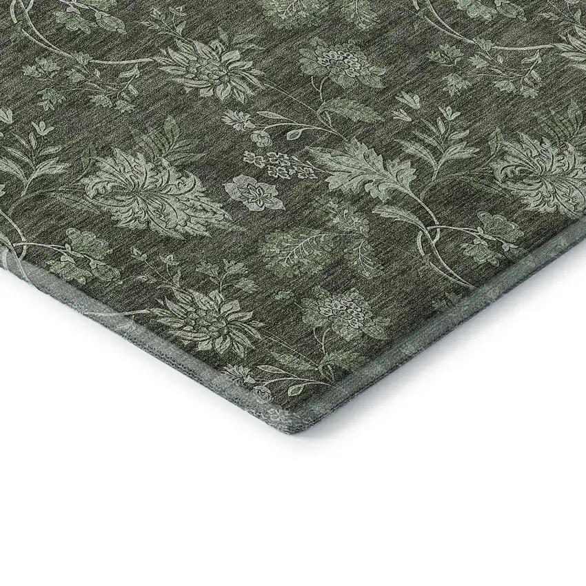 Olive Green And Gray Floral Washable Area Rug With UV Protection Photo 8
