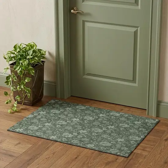 Olive Green And Gray Floral Washable Area Rug With UV Protection Photo 1