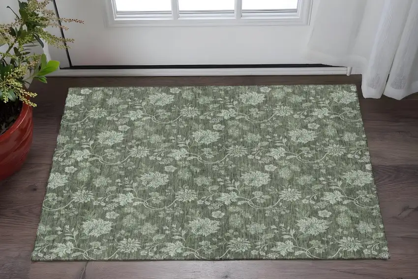 Olive Green And Gray Floral Washable Area Rug With UV Protection Photo 2