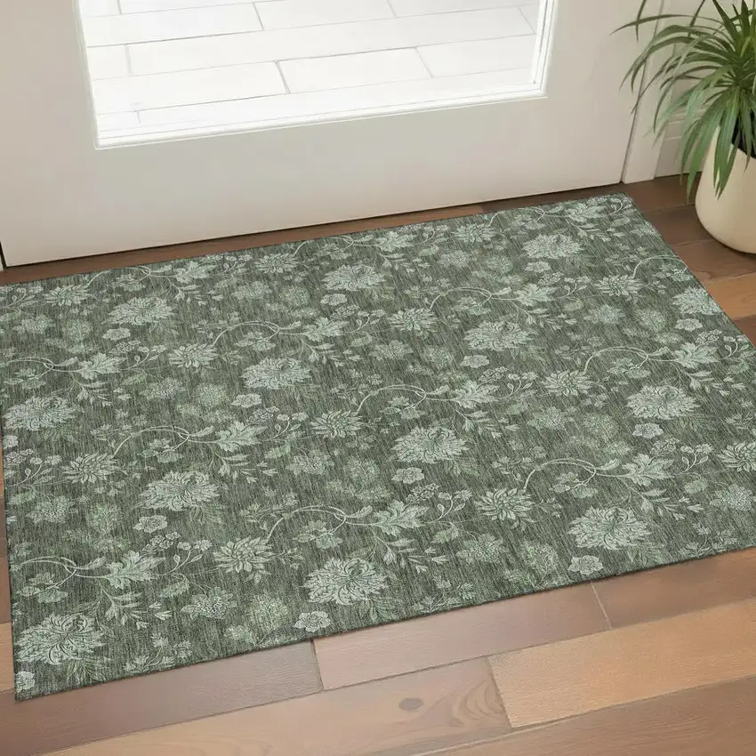 Olive Green And Gray Floral Washable Area Rug With UV Protection Photo 1
