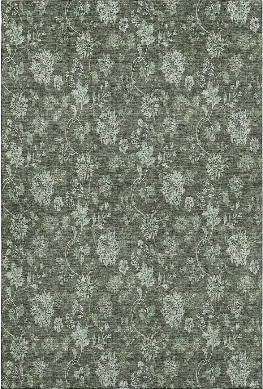 Olive Green And Gray Floral Washable Area Rug With UV Protection Photo 1