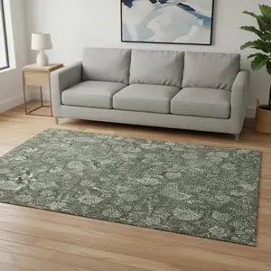 Photo of Olive Green And Gray Floral Washable Area Rug With UV Protection