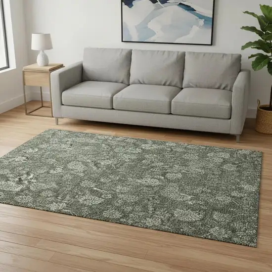 Olive Green And Gray Floral Washable Area Rug With UV Protection Photo 1
