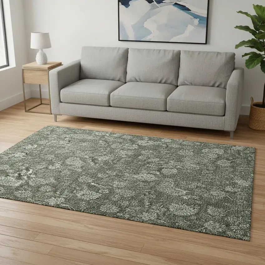 Olive Green And Gray Floral Washable Area Rug With UV Protection Photo 1