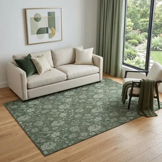 Olive Green And Gray Floral Washable Area Rug With UV Protection Photo 1