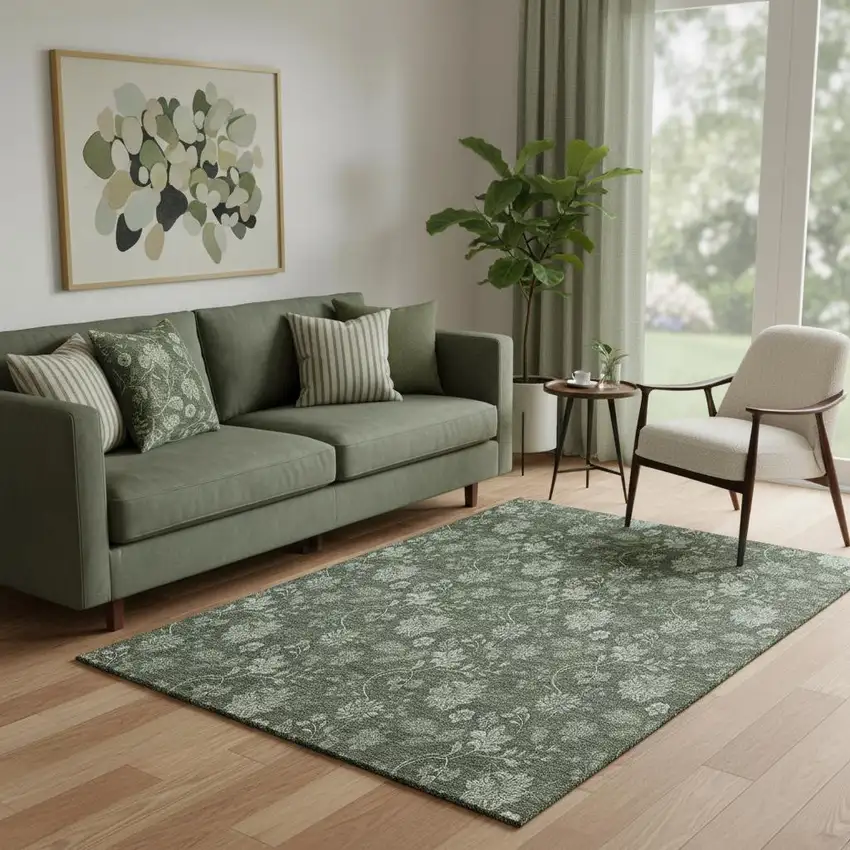 Olive Green And Gray Floral Washable Area Rug With UV Protection Photo 1
