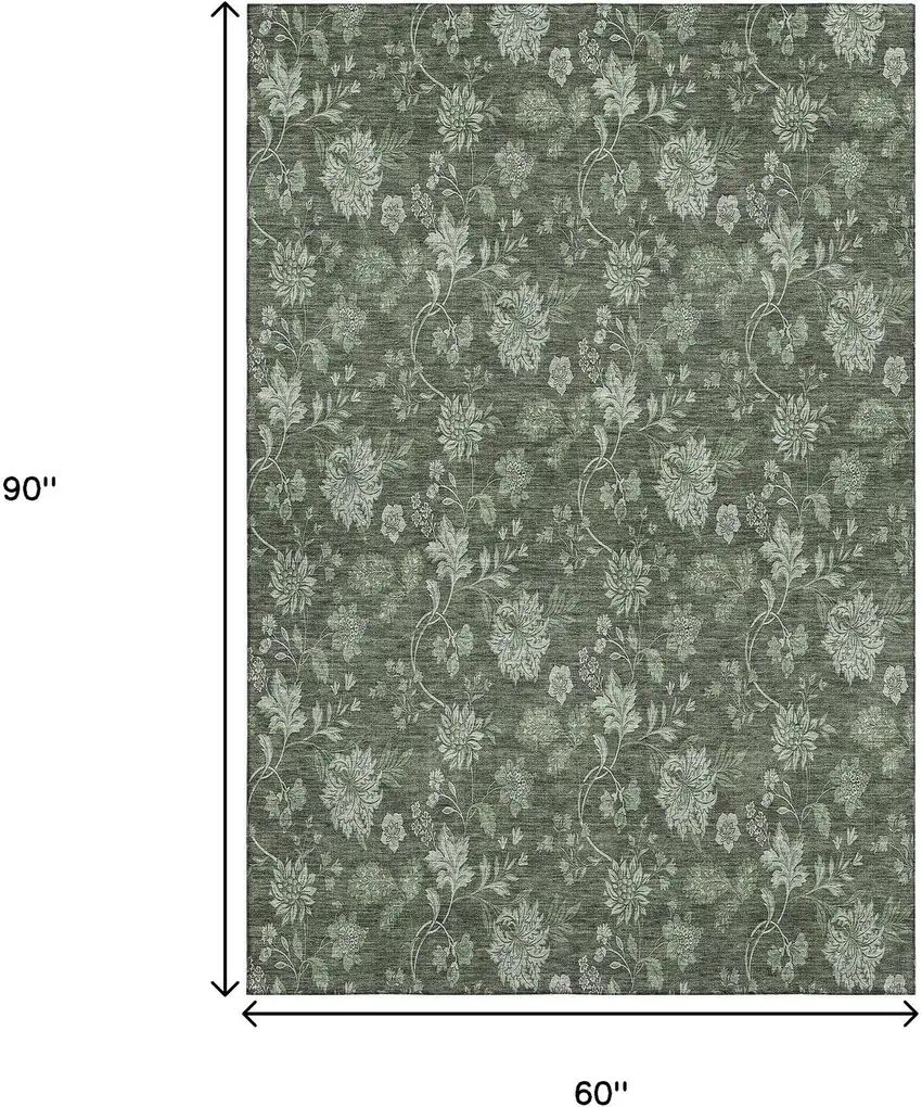 Olive Green And Gray Floral Washable Area Rug With UV Protection Photo 4