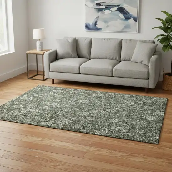 Olive Green And Gray Floral Washable Area Rug With UV Protection Photo 3