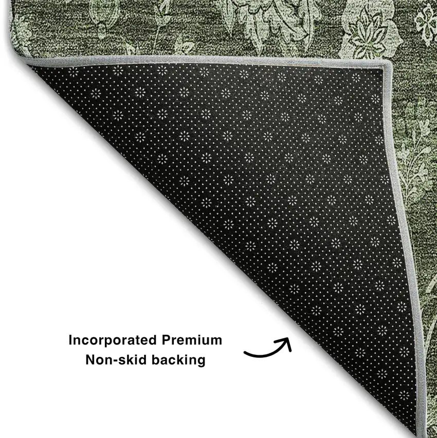 Olive Green And Gray Floral Washable Area Rug With UV Protection Photo 7