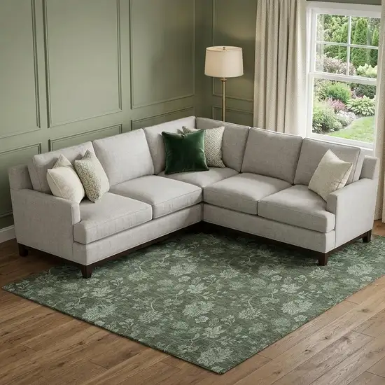 Olive Green And Gray Floral Washable Area Rug With UV Protection Photo 1